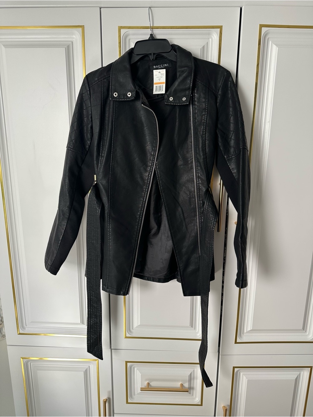 Baccini Black Faux Leather Belted Moto Jacket